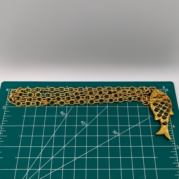 Statement Gold Tone Mid-Century Modern Fish Pendant 2.5" on a Long Chain 32' - Picture 10 of 10